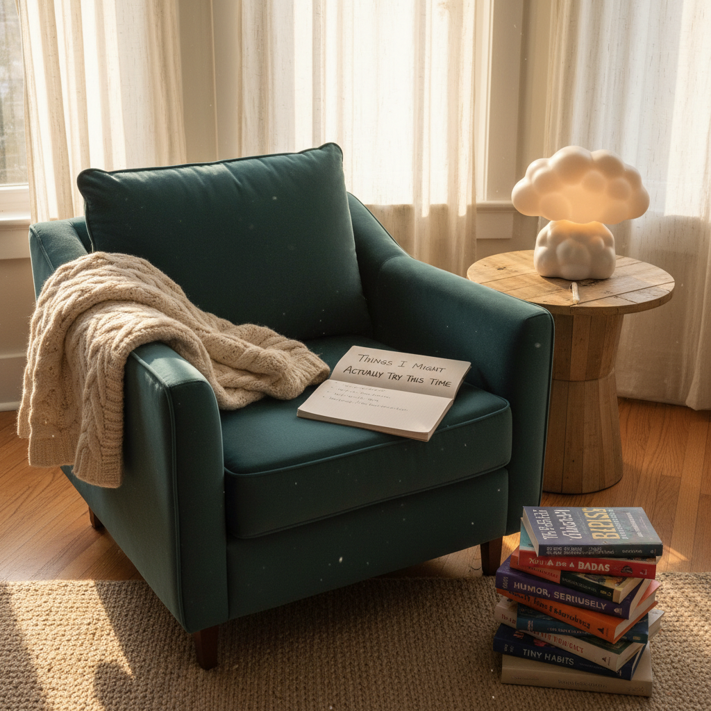 A cozy living room corner featuring an overstuffed teal armchair with a slightly rumpled knit blanket draped over one arm and a stack of mismatched self-help and humor books on the floor beside it. A small round side table holds a quirky ceramic lamp shaped like a cloud and a notepad with a bold title scribbled at the top: “Things I Might Actually Try This Time.” Warm late-afternoon sunlight filters through sheer curtains, creating a golden, diffused glow and soft shadows. The scene is framed from a slightly elevated angle, photographic and highly detailed, with a playful, reassuring atmosphere that hints at honest reflection, trial and error, and gentle self-improvement.